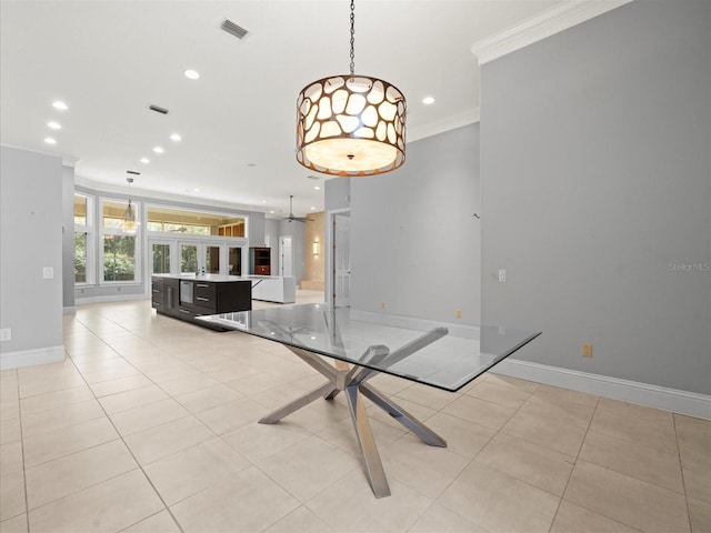 713 Argyle Pl, Temple Terrace, FL 33617 - unfurnished dining area featuring ornamental molding, recessed lighting, light tile patterned floors, and a ceiling fan