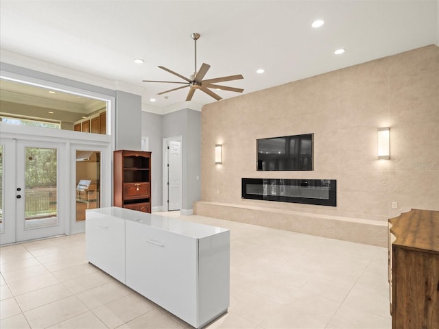 713 Argyle Pl, Temple Terrace, FL 33617 - unfurnished living room featuring a fireplace, a ceiling fan, recessed lighting, light tile patterned flooring, and crown molding