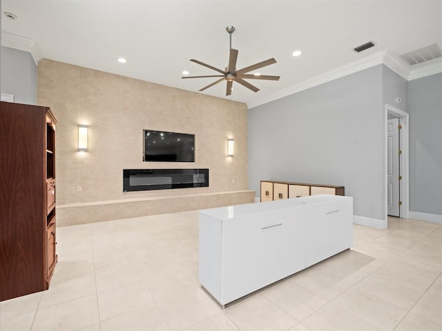 713 Argyle Pl, Temple Terrace, FL 33617 - living area with a ceiling fan, crown molding, a tile fireplace, light tile patterned floors, and recessed lighting