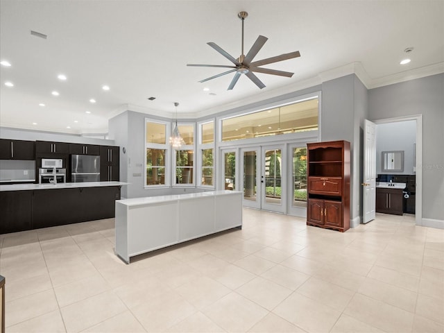 713 Argyle Pl, Temple Terrace, FL 33617 - unfurnished living room with crown molding, a ceiling fan, french doors, recessed lighting, and light tile patterned flooring