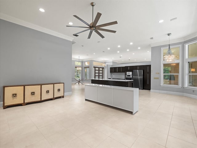 713 Argyle Pl, Temple Terrace, FL 33617 - living room with a chandelier, crown molding, recessed lighting, a ceiling fan, and light tile patterned floors