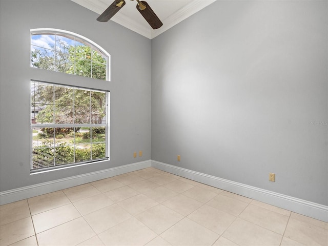 713 Argyle Pl, Temple Terrace, FL 33617 - empty room with crown molding, a ceiling fan, light tile patterned flooring, and a high ceiling