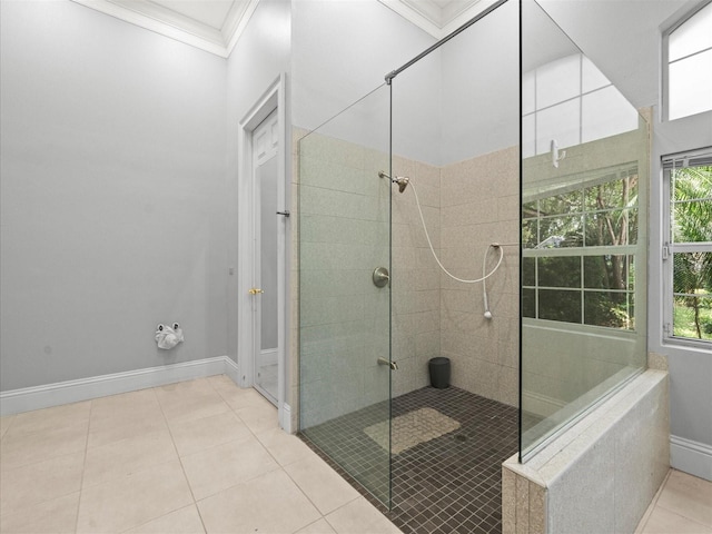 713 Argyle Pl, Temple Terrace, FL 33617 - full bathroom with ornamental molding, a tile shower, and tile patterned floors