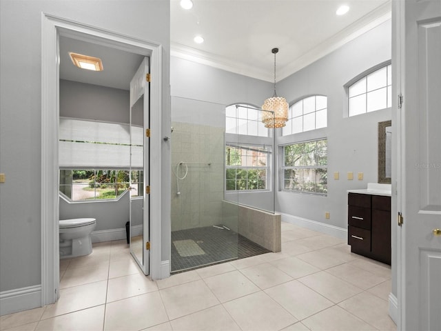 713 Argyle Pl, Temple Terrace, FL 33617 - bathroom featuring walk in shower, vanity, crown molding, tile patterned floors, and a chandelier
