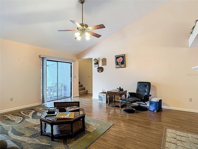 1906 White Cedar Way, Brandon, FL 33511 - living room featuring a ceiling fan, wood finished floors, stairway, and high vaulted ceiling