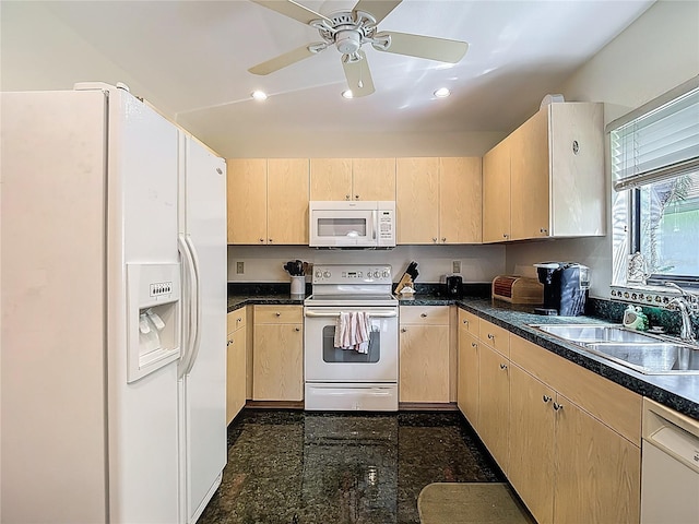 1906 White Cedar Way, Brandon, FL 33511 - kitchen featuring white appliances, light brown cabinets, dark countertops, ceiling fan, and recessed lighting