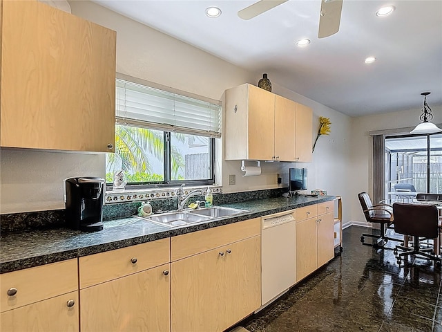 1906 White Cedar Way, Brandon, FL 33511 - kitchen featuring dishwasher, granite floors, recessed lighting, light brown cabinets, and ceiling fan