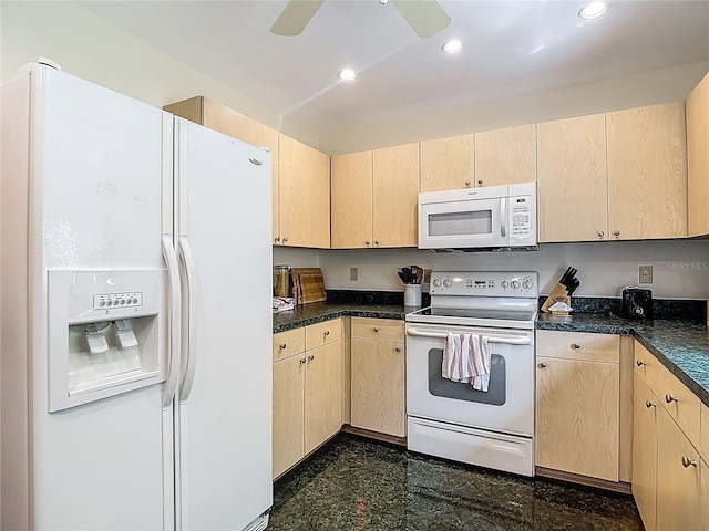 1906 White Cedar Way, Brandon, FL 33511 - kitchen featuring white appliances, light brown cabinets, granite floors, dark countertops, and ceiling fan