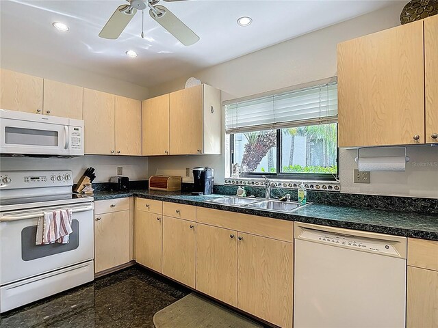 1906 White Cedar Way, Brandon, FL 33511 - kitchen featuring white appliances, light brown cabinetry, granite tiled floors, recessed lighting, and dark countertops
