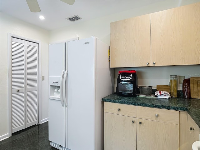 1906 White Cedar Way, Brandon, FL 33511 - kitchen featuring white fridge with ice dispenser, light brown cabinets, dark countertops, a ceiling fan, and recessed lighting