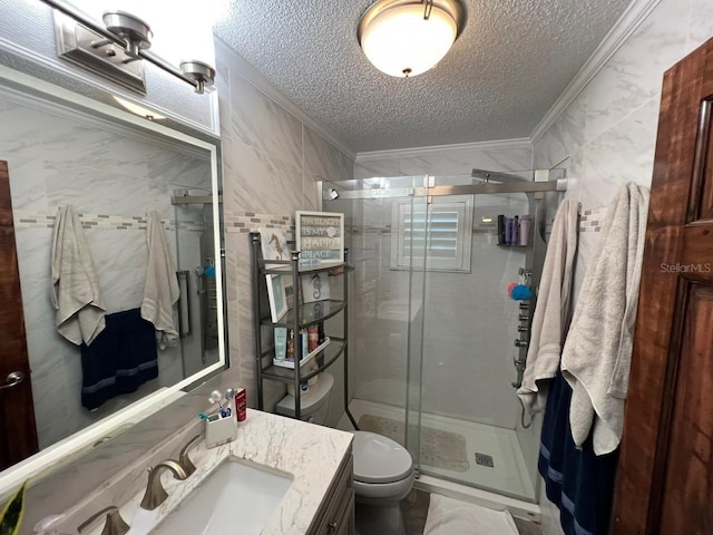 6531 Seaview Blvd, Hudson, FL 34667 - full bathroom with crown molding, a textured ceiling, a stall shower, and vanity