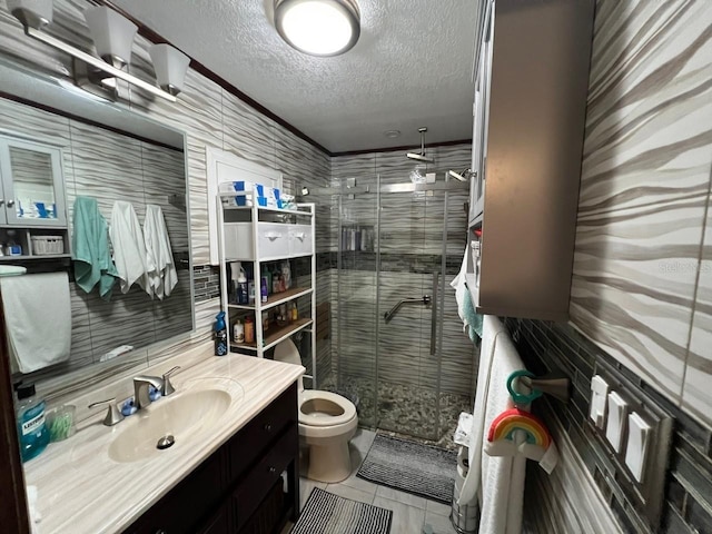 6531 Seaview Blvd, Hudson, FL 34667 - full bathroom featuring a textured ceiling, vanity, a shower stall, and tile patterned floors