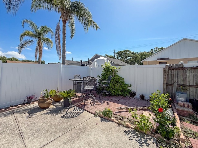 fenced backyard featuring a patio