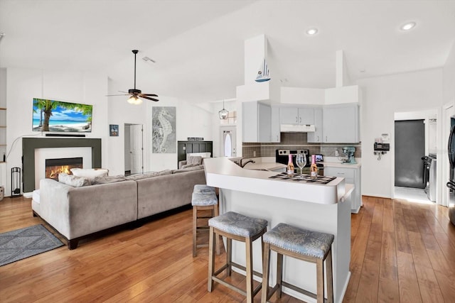 2454 Shadecrest Rd, Land O Lakes, FL 34639 - kitchen with a breakfast bar, a warm lit fireplace, light countertops, backsplash, and range