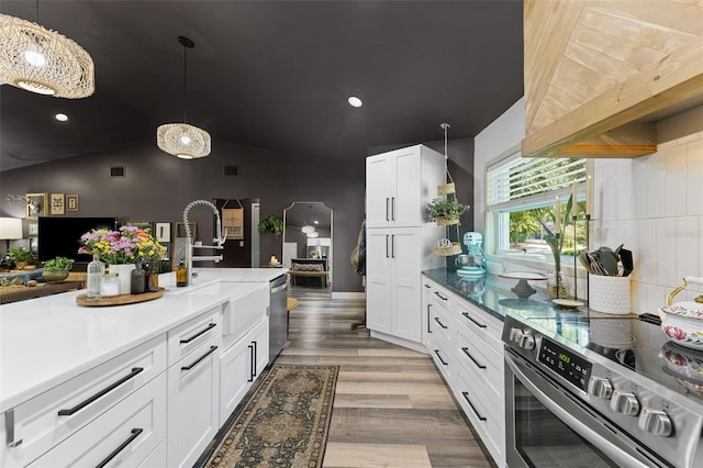 1313 W Carissa Ct, Tampa, FL 33604 - kitchen featuring appliances with stainless steel finishes, light wood finished floors, white cabinets, pendant lighting, and vaulted ceiling