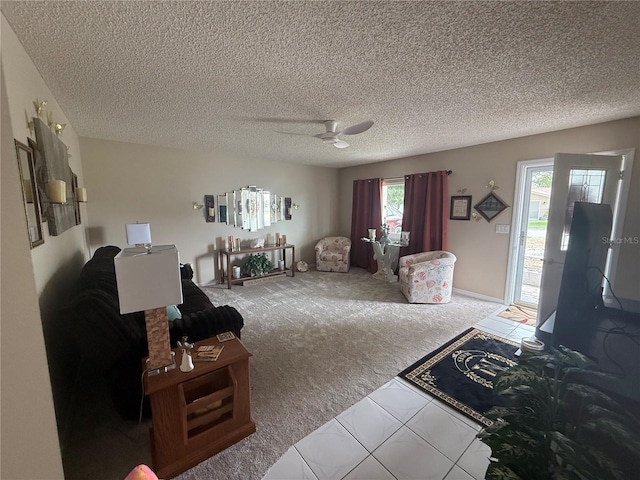 17569 SE 107th Ct, Summerfield, FL 34491 - carpeted living area with a textured ceiling and ceiling fan