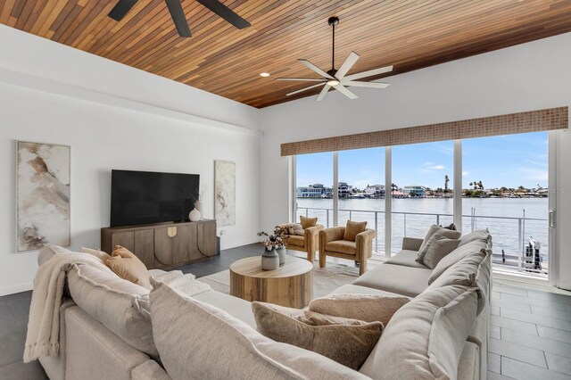 905 Bay Point Dr, Madeira Beach, FL 33708 - living room featuring a ceiling fan, wooden ceiling, and vaulted ceiling