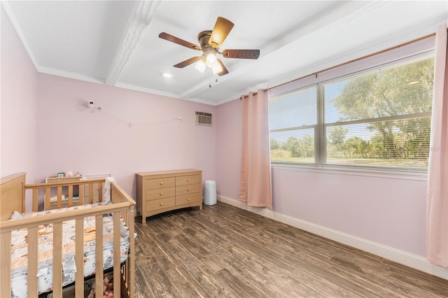 9819 Allen Rd, Lithia, FL 33547 - unfurnished bedroom featuring beam ceiling, wood finished floors, a nursery area, and ceiling fan