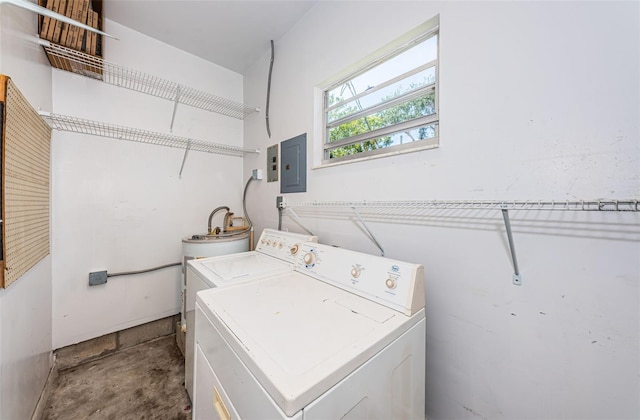 8184 49th Ave N, Saint Petersburg, FL 33709 - laundry area featuring electric panel, washer and clothes dryer, and water heater