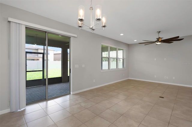 1613 Cabbage Key Dr, Ruskin, FL 33570 - empty room featuring a ceiling fan, light tile patterned floors, a chandelier, and recessed lighting