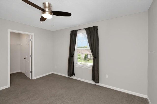1613 Cabbage Key Dr, Ruskin, FL 33570 - unfurnished bedroom with dark colored carpet, a walk in closet, a closet, and a ceiling fan