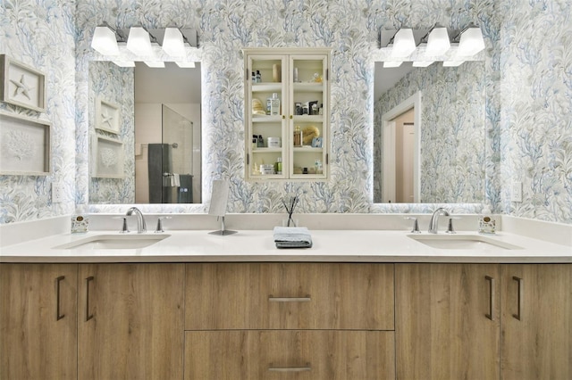 415 Island Way Unit 507, Clearwater Beach, FL 33767 - full bath with wallpapered walls, double vanity, and a stall shower