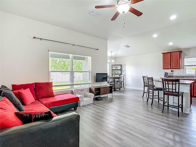 14371 Edinburgh Moor Dr, Wimauma, FL 33598 - living room with a ceiling fan, light wood-style flooring, and recessed lighting