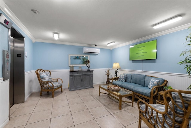 139 Bluff View Dr Unit 405, Belleair Bluffs, FL 33770 - living area featuring ornamental molding, light tile patterned floors, wainscoting, a wall mounted air conditioner, and elevator