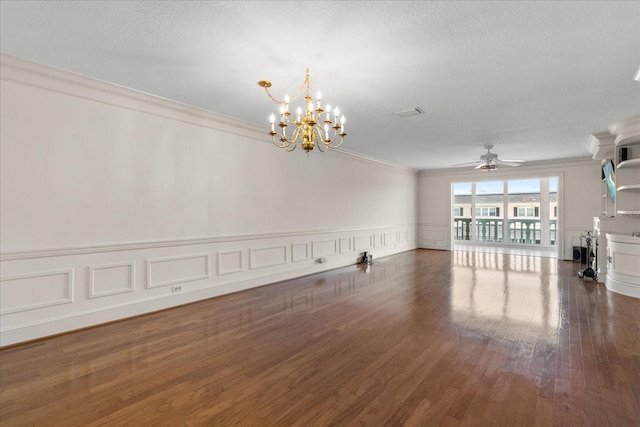 139 Bluff View Dr Unit 405, Belleair Bluffs, FL 33770 - unfurnished living room with crown molding, a ceiling fan, a chandelier, wood finished floors, and a wainscoted wall