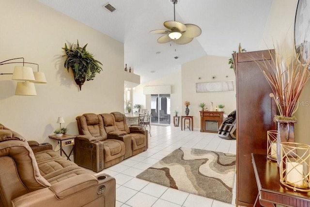 7101 Bucks Ford Dr, Riverview, FL 33578 - living area with ceiling fan, light tile patterned floors, and high vaulted ceiling
