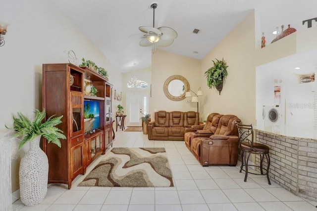 7101 Bucks Ford Dr, Riverview, FL 33578 - living room featuring ceiling fan, high vaulted ceiling, and light tile patterned floors