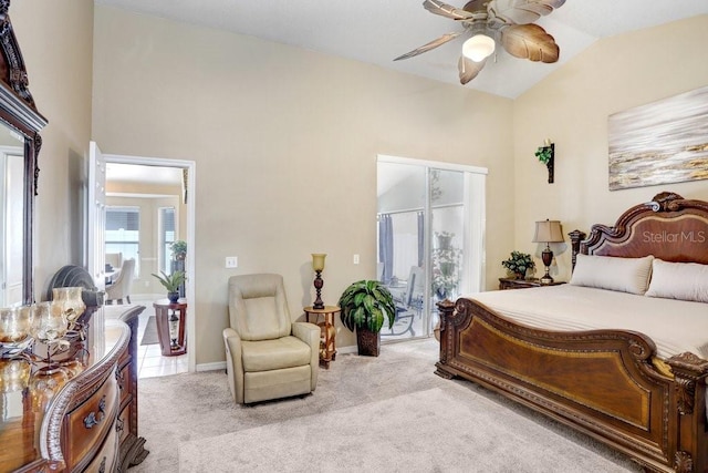 7101 Bucks Ford Dr, Riverview, FL 33578 - bedroom featuring lofted ceiling, access to exterior, light carpet, and a ceiling fan