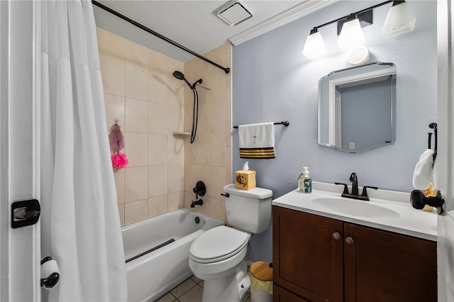 5346 Black Pine Dr, Tampa, FL 33624 - full bathroom featuring shower / bathtub combination with curtain, vanity, tile patterned flooring, and crown molding