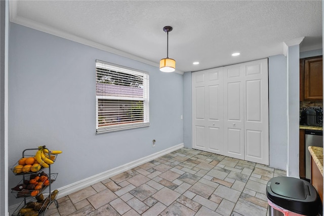 5346 Black Pine Dr, Tampa, FL 33624 - unfurnished dining area with ornamental molding, a textured ceiling, and recessed lighting