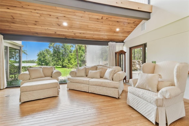 2103 N Golfview Dr, Plant City, FL 33566 - living area with wood-type flooring, wood ceiling, and high vaulted ceiling