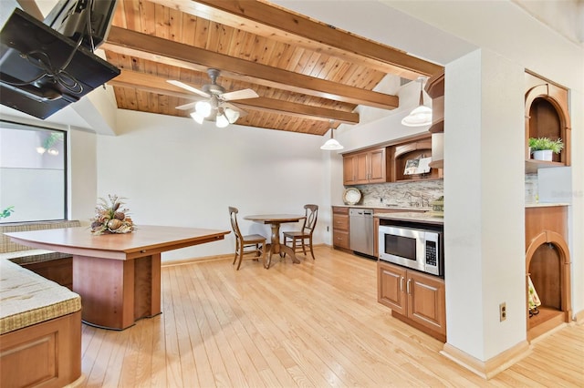 2103 N Golfview Dr, Plant City, FL 33566 - kitchen featuring appliances with stainless steel finishes, tasteful backsplash, open shelves, wood ceiling, and light wood-type flooring
