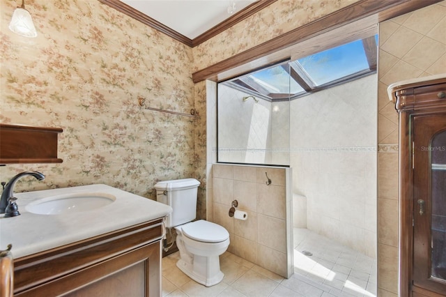 2103 N Golfview Dr, Plant City, FL 33566 - full bathroom featuring wallpapered walls, tile patterned floors, a stall shower, crown molding, and vanity