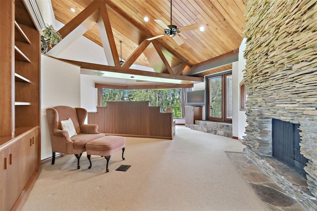 2103 N Golfview Dr, Plant City, FL 33566 - sitting room with high vaulted ceiling, carpet floors, wooden ceiling, recessed lighting, and a fireplace