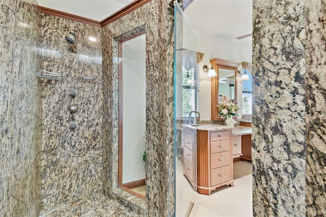 2103 N Golfview Dr, Plant City, FL 33566 - full bathroom featuring a stall shower, vanity, and crown molding
