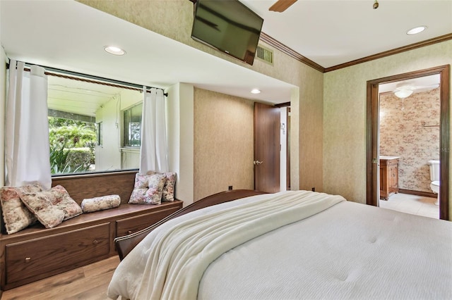 2103 N Golfview Dr, Plant City, FL 33566 - bedroom featuring ornamental molding, connected bathroom, recessed lighting, and a ceiling fan