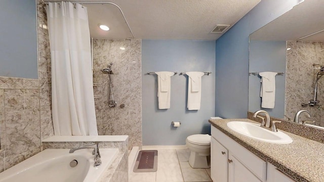 7010 Kendall Heath Way, Land O Lakes, FL 34637 - full bath with tiled shower, tiled tub, vanity, tile patterned flooring, and a textured ceiling