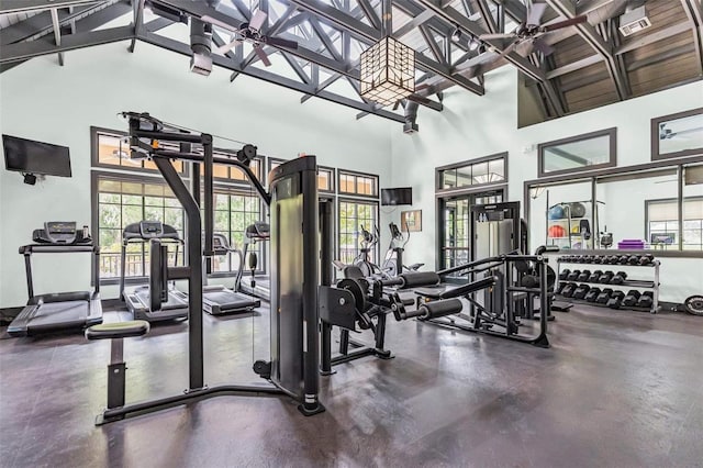 7010 Kendall Heath Way, Land O Lakes, FL 34637 - gym featuring high vaulted ceiling and beamed ceiling