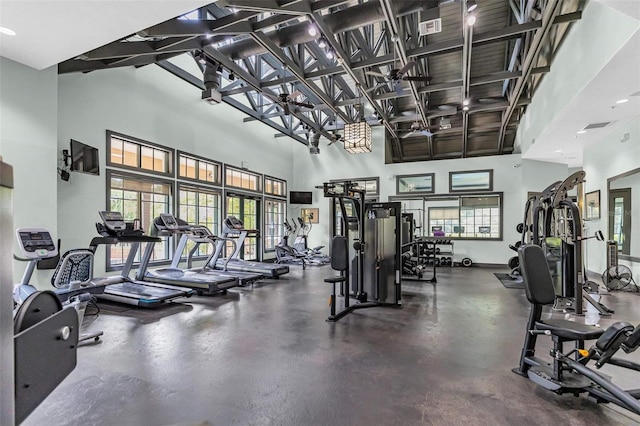 7010 Kendall Heath Way, Land O Lakes, FL 34637 - exercise room with a high ceiling and plenty of natural light