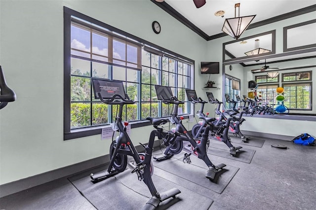 7010 Kendall Heath Way, Land O Lakes, FL 34637 - exercise room with a ceiling fan and ornamental molding