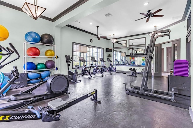 7010 Kendall Heath Way, Land O Lakes, FL 34637 - exercise room featuring a ceiling fan, crown molding, and recessed lighting
