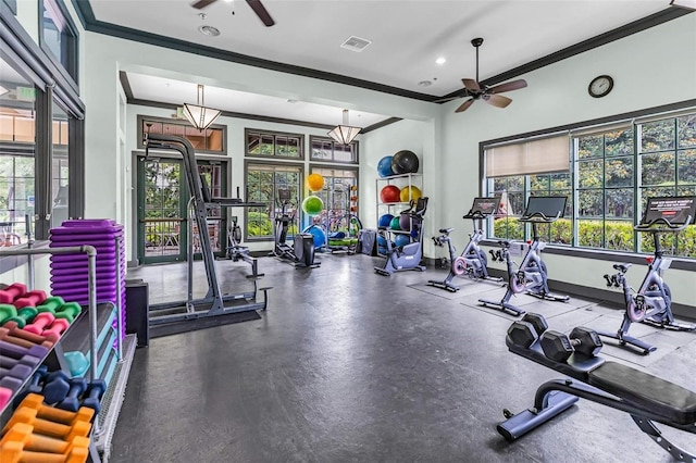 7010 Kendall Heath Way, Land O Lakes, FL 34637 - gym featuring ceiling fan, crown molding, plenty of natural light, and recessed lighting