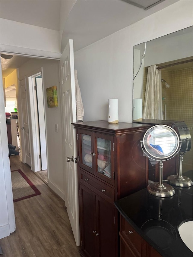 10185 Santiago Ct, Seminole, FL 33776 - bar area with dark wood-type flooring and baseboards