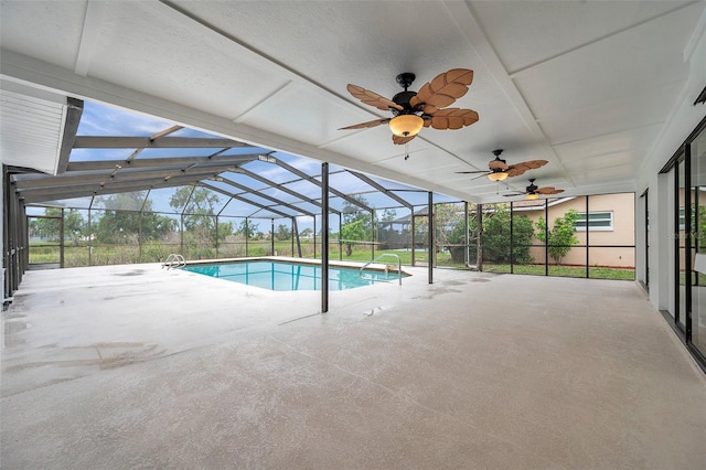 734 Flamingo Dr, Apollo Beach, FL 33572 - outdoor pool with a patio area, a ceiling fan, and glass enclosure