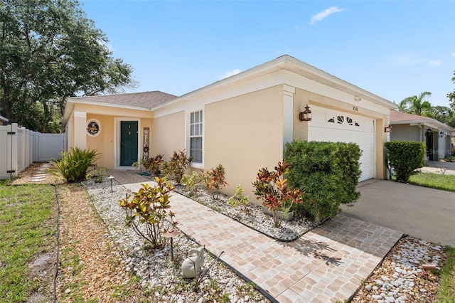 8526 Quarter Horse Dr, Riverview, FL 33578 - ranch-style home with stucco siding, a garage, concrete driveway, and a shingled roof
