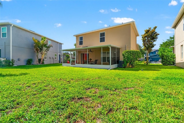 17509 Queensland St, Land O Lakes, FL 34638 - rear view of property with a sunroom, a lawn, a ceiling fan, and stucco siding